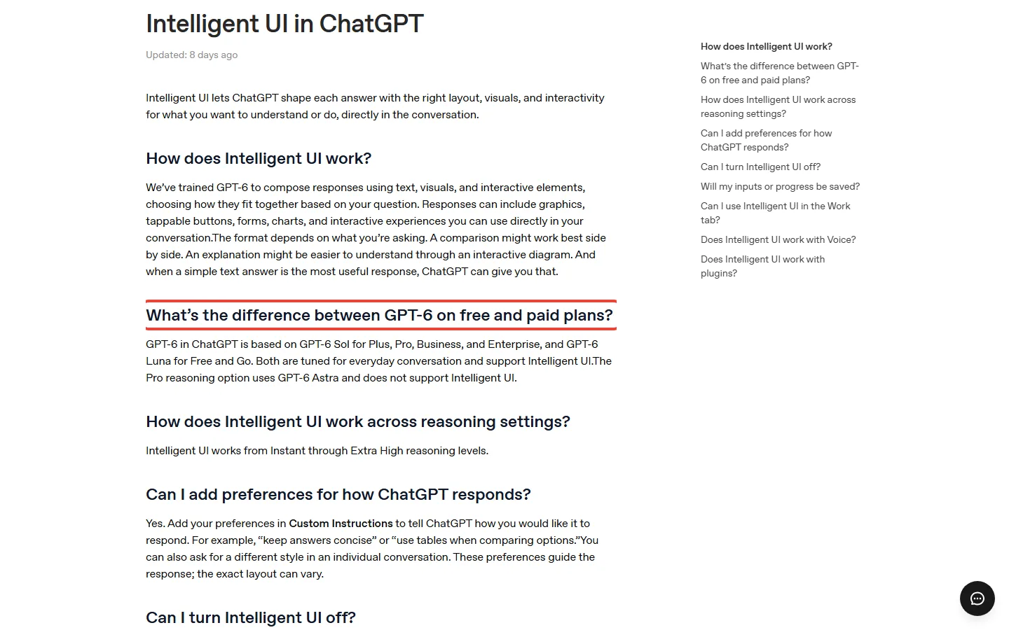 OpenAI Intelligent UI help page explaining GPT-6 Sol for ChatGPT Plus and above and GPT-6 Luna for Free and Go