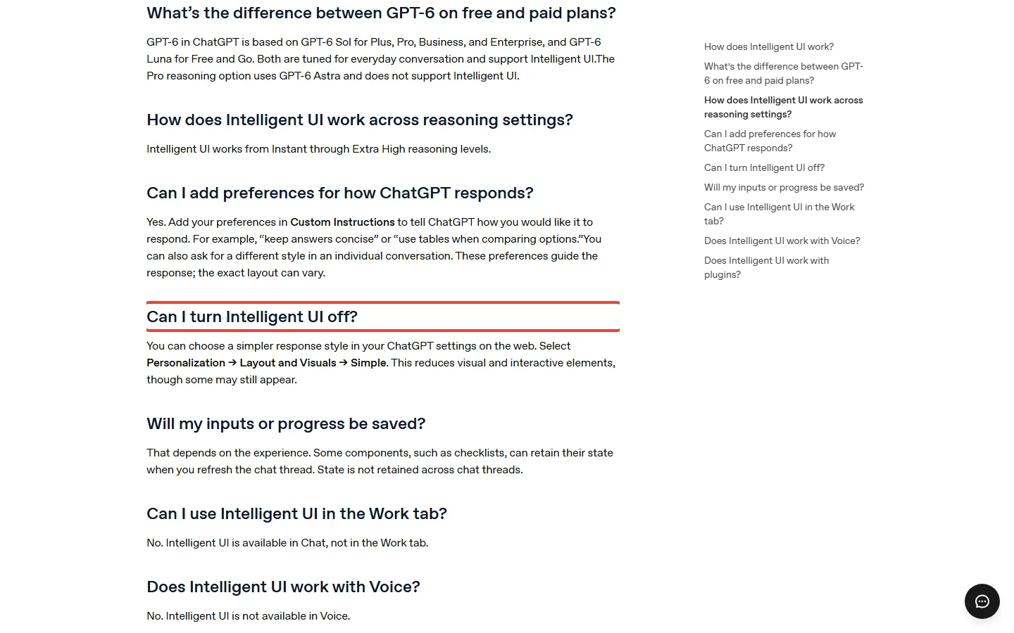 OpenAI help page for ChatGPT Intelligent UI answering Can I turn Intelligent UI off with the path Personalization, Layout and Visuals, Simple