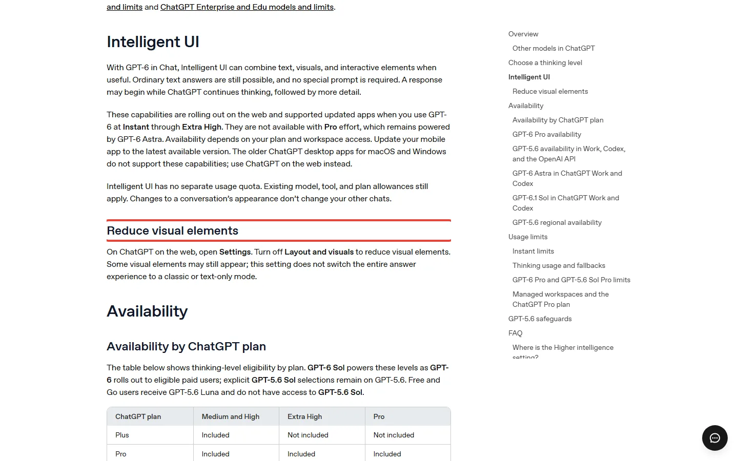 OpenAI GPT-6 help page section Reduce visual elements telling ChatGPT users to turn off Layout and visuals in Settings