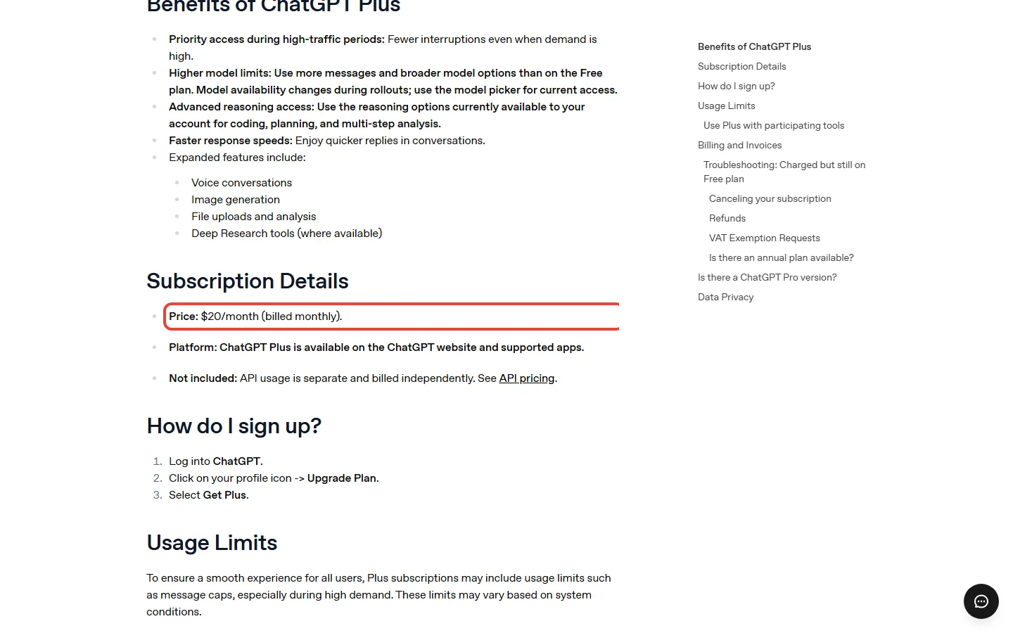 OpenAI's What is ChatGPT Plus help page listing the price as $20 a month billed monthly