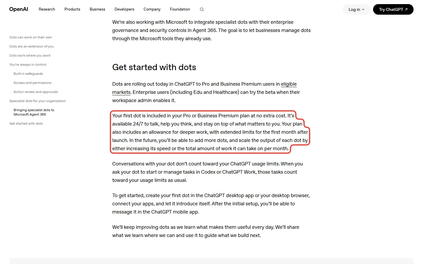 OpenAI's launch page for dots saying the first dot is included in a Pro or Business Premium plan at no extra cost