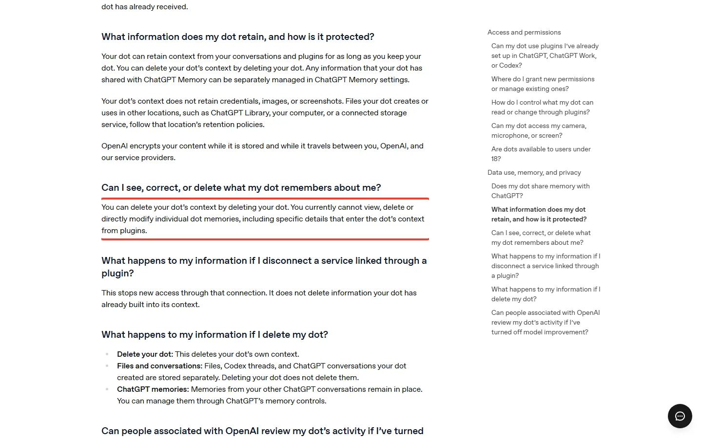 OpenAI Help Center page on dots privacy and safety saying individual dot memories cannot be viewed, deleted or modified