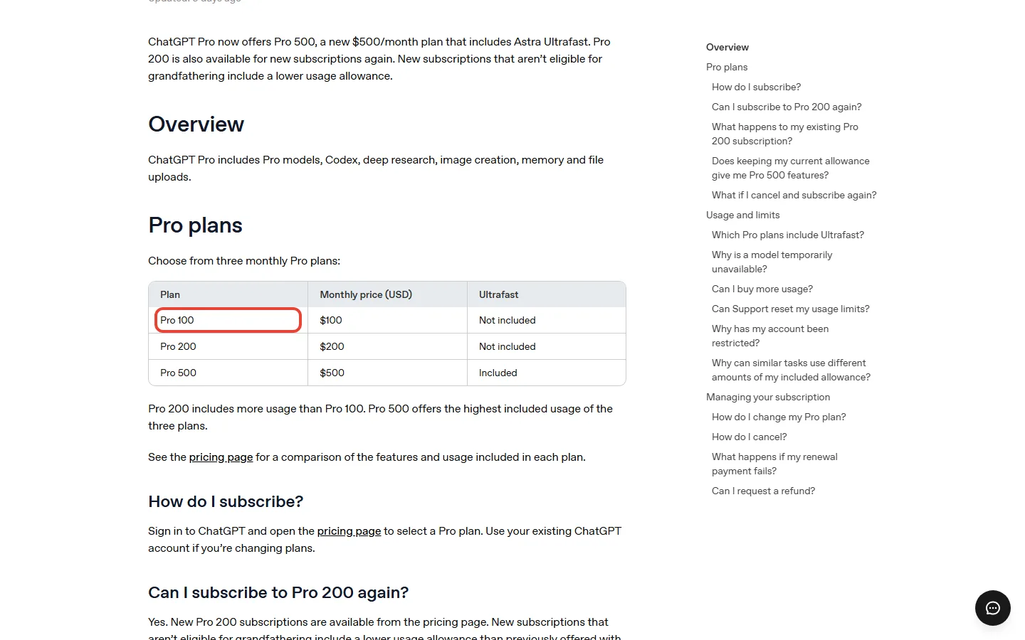 OpenAI help page listing ChatGPT Pro 100 at $100, Pro 200 at $200 and Pro 500 at $500 a month