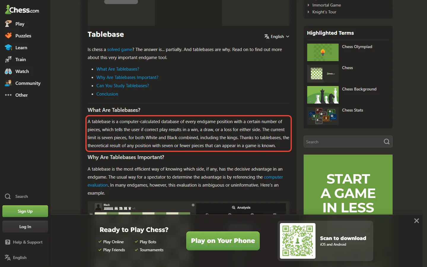 Chess.com explainer saying the current tablebase limit is seven pieces, kings included