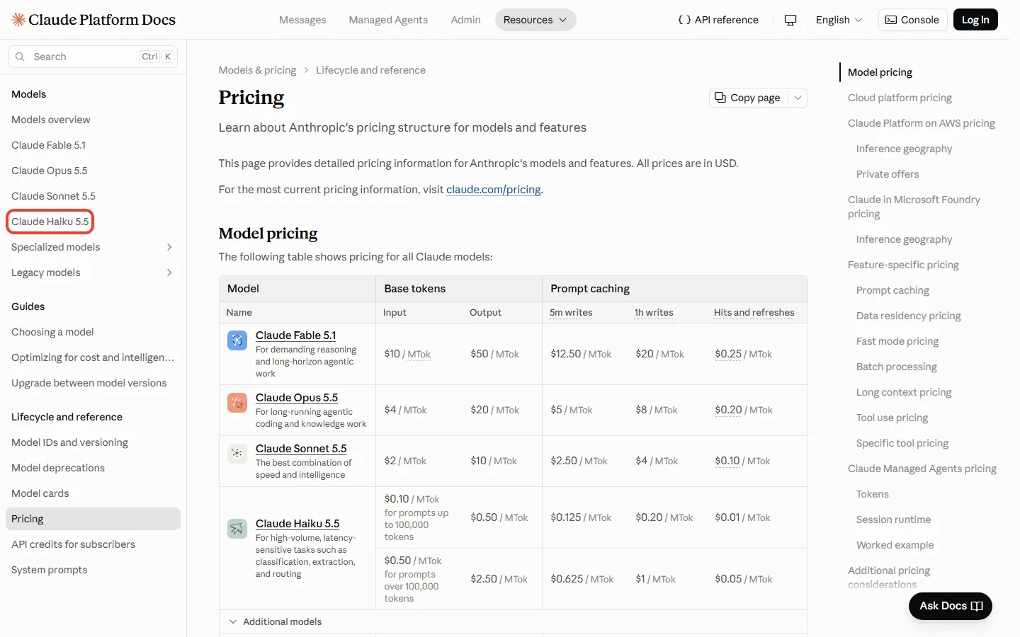 Anthropic's API pricing page listing Claude Haiku 5.5 prices per million tokens