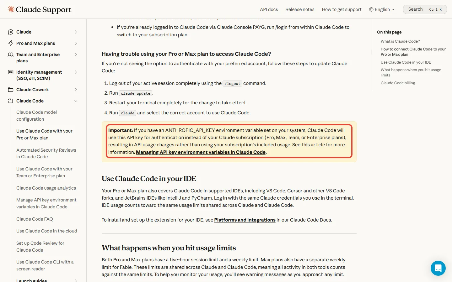 Claude help article warning that an ANTHROPIC_API_KEY environment variable makes Claude Code bill API usage instead of the Pro or Max plan