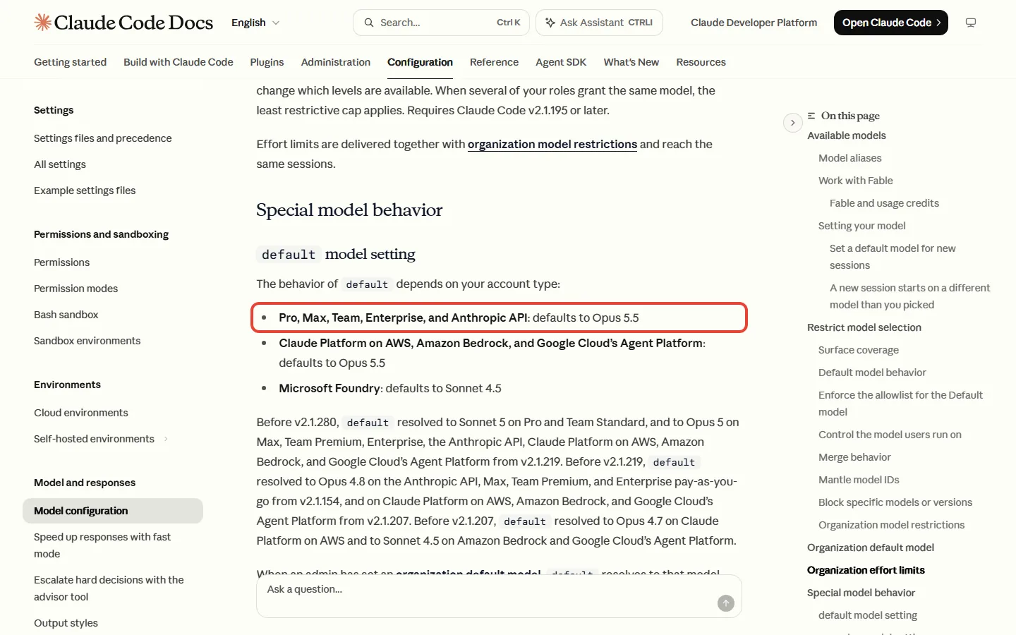 Claude Code docs showing Pro and Max default to Opus 5.5