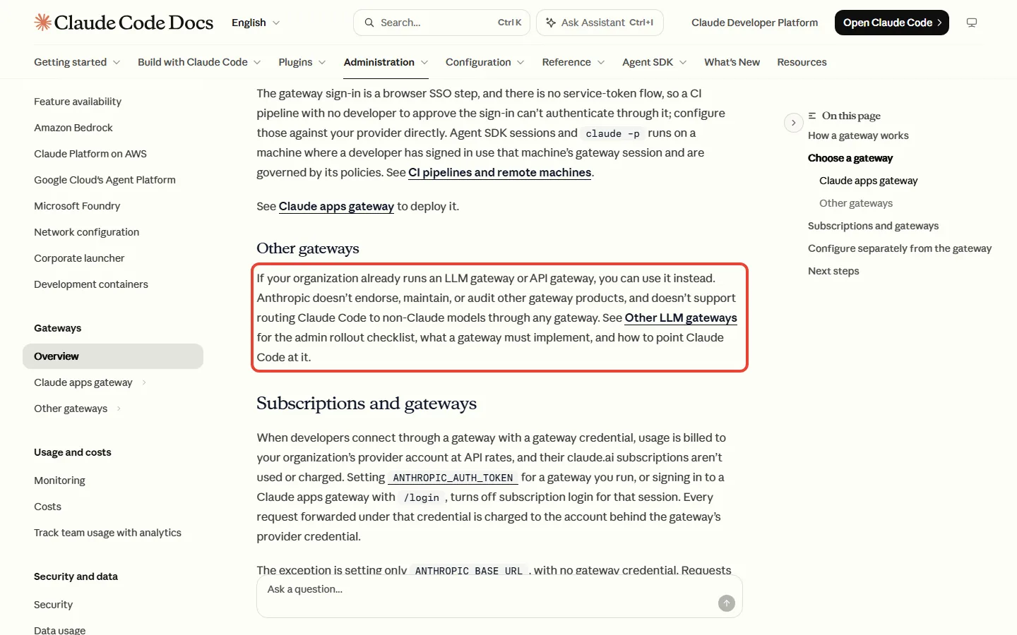 Claude Code gateway docs saying Anthropic doesn't support routing Claude Code to non-Claude models