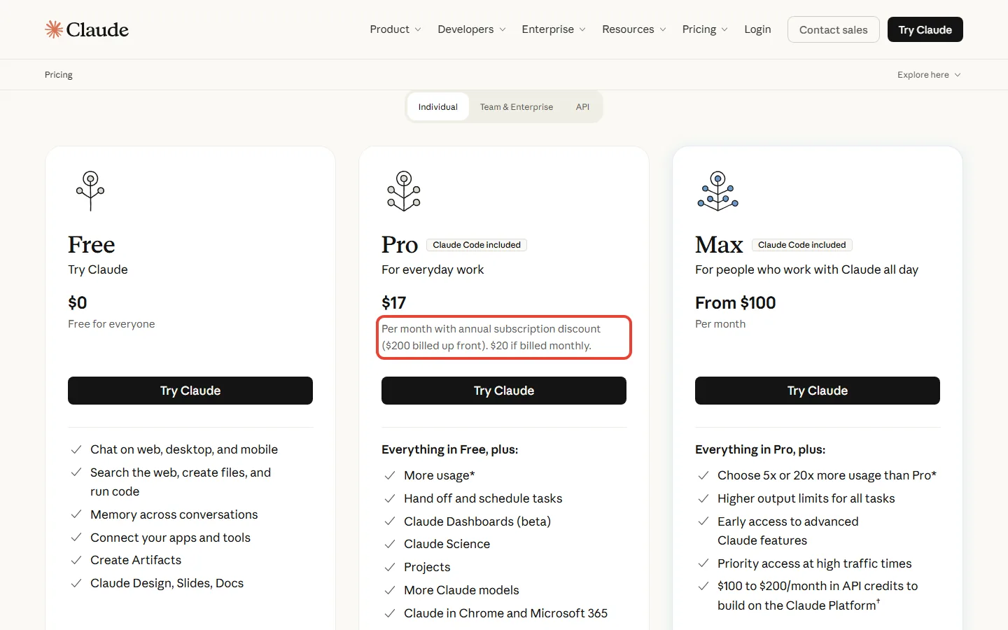 Claude pricing page showing Pro at $17 a month billed yearly or $20 billed monthly, with Claude Code included