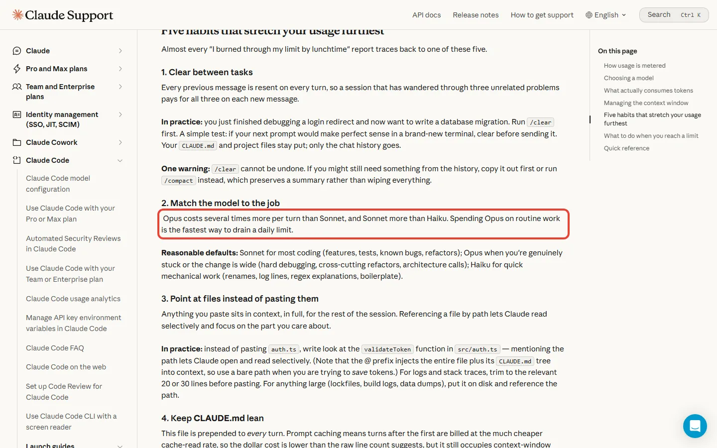 Claude help article warning that Opus costs several times more per turn than Sonnet