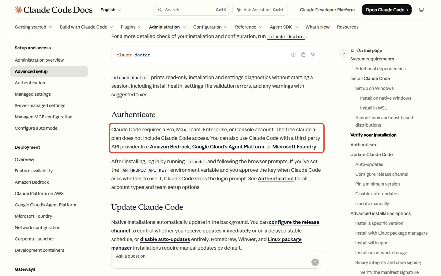 Claude Code setup docs saying the free claude.ai plan does not include Claude Code access