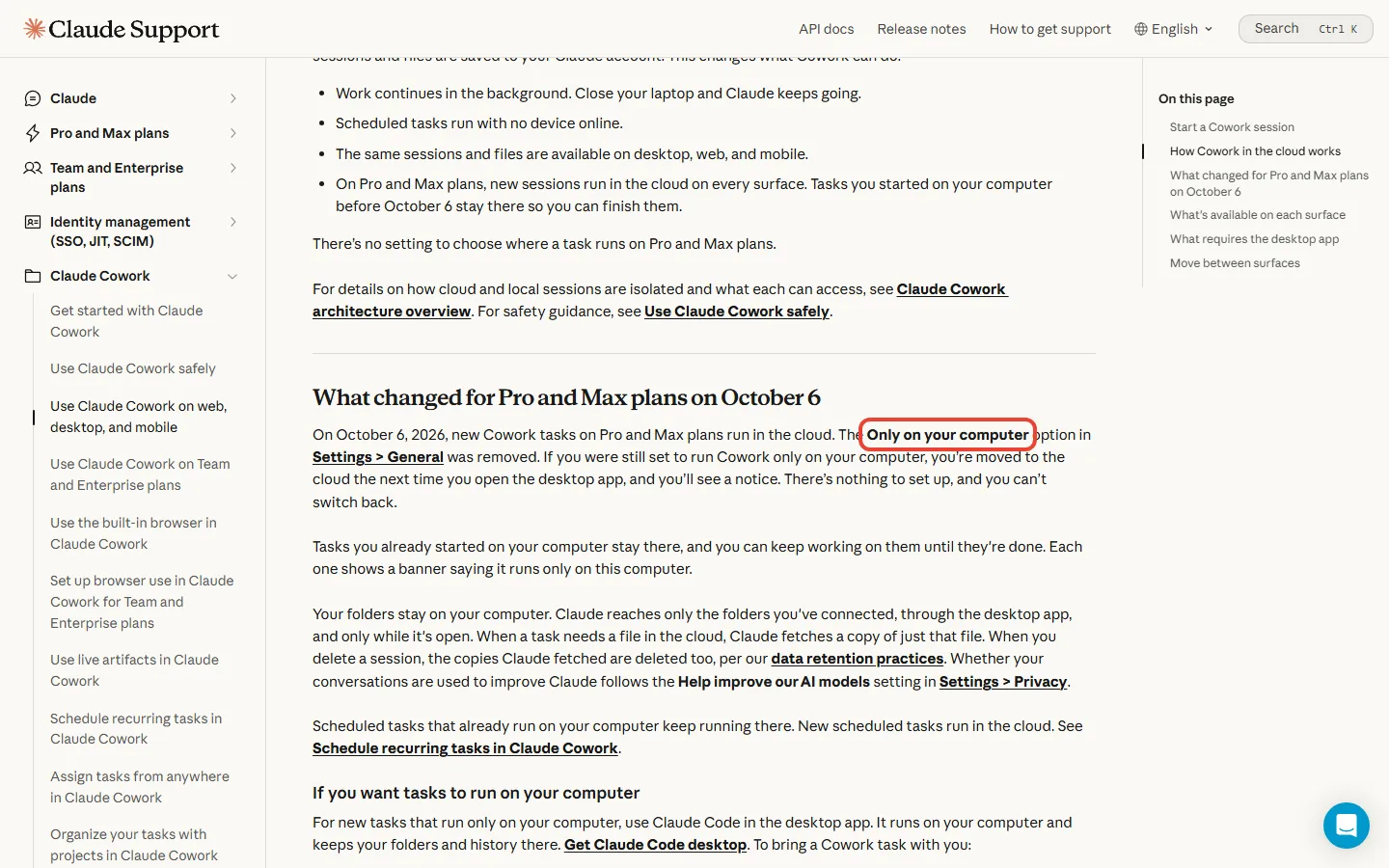 Anthropic help article explaining that new Cowork tasks on Pro and Max run in the cloud and the Only on your computer option was removed