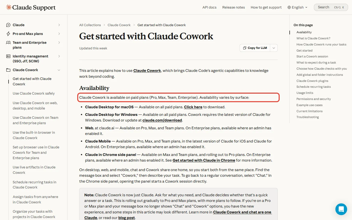Anthropic help center article stating Claude Cowork is available on paid plans Pro, Max, Team and Enterprise