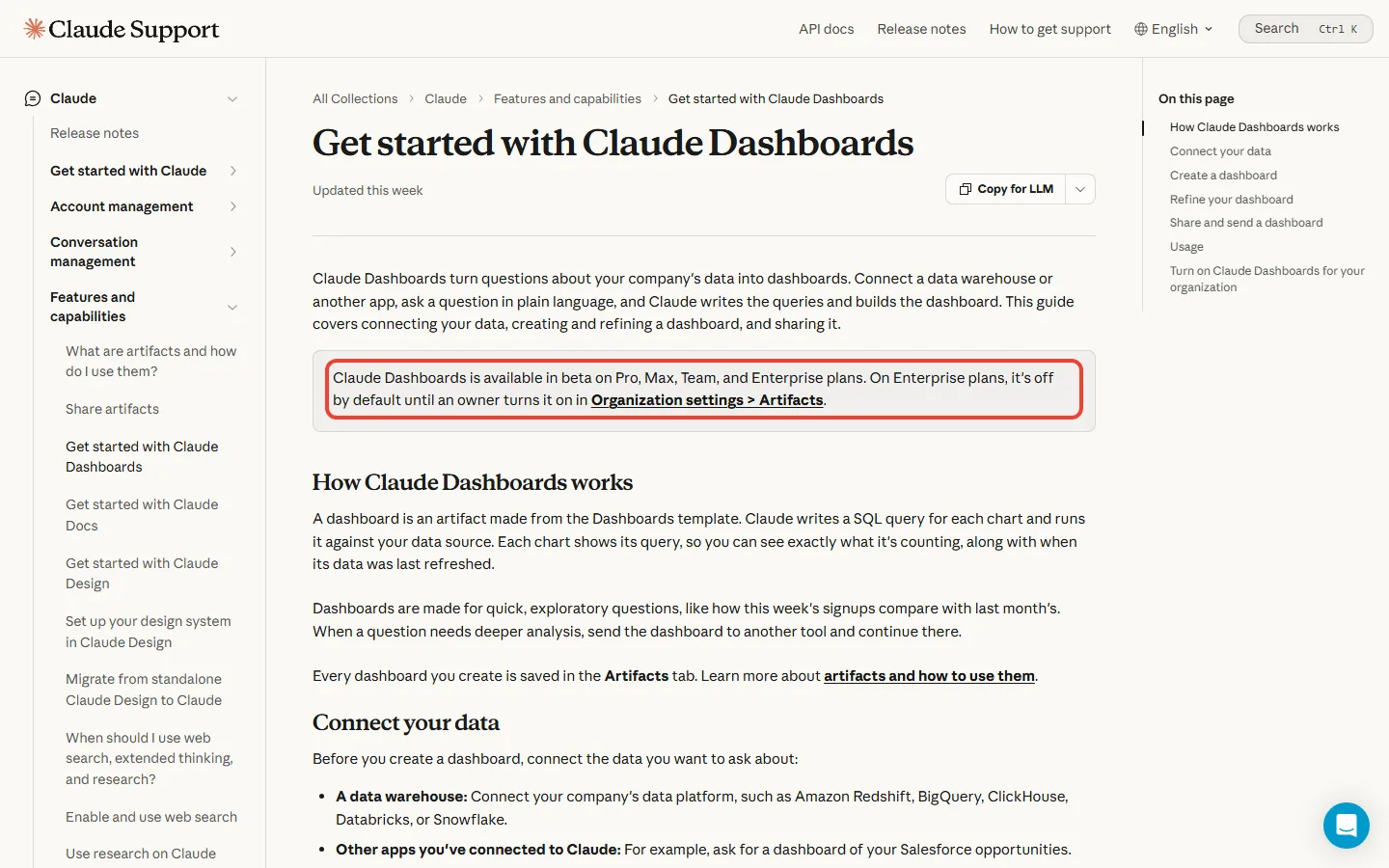 Anthropic's Claude Dashboards help page stating it is available in beta on Pro, Max, Team and Enterprise plans