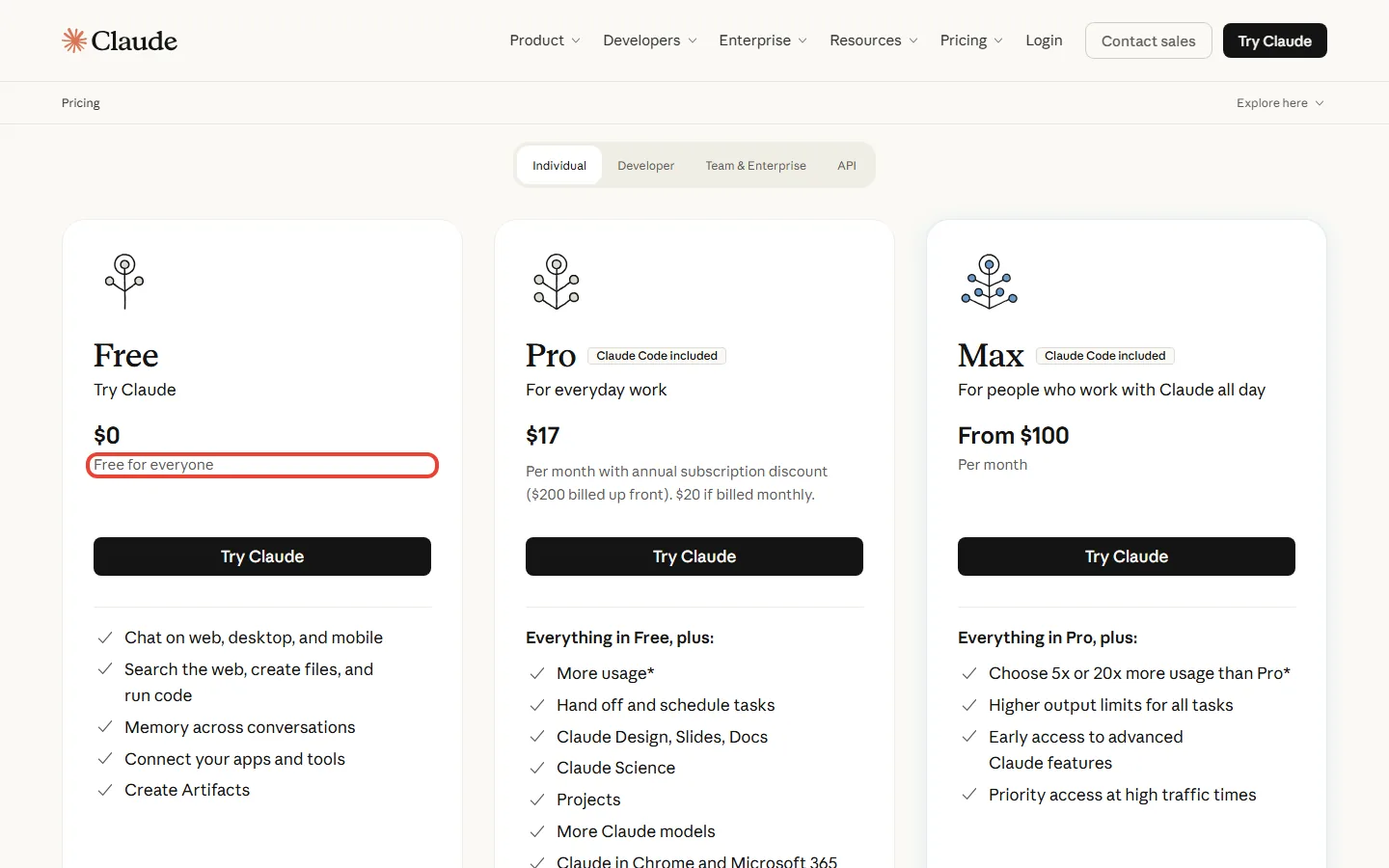 Claude pricing page showing the Free plan for everyone