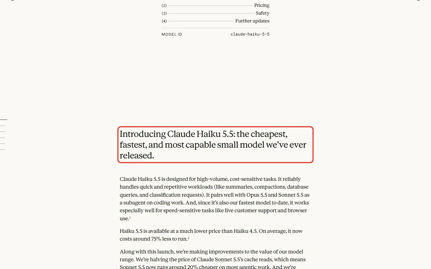 Anthropic's Claude Haiku 5.5 launch page describing it as the cheapest, fastest and most capable small model