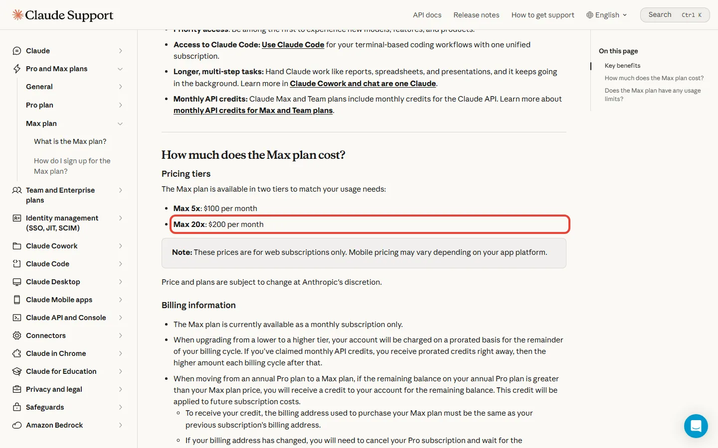 Anthropic's What is the Max plan help page listing Max 5x at $100 per month and Max 20x at $200 per month