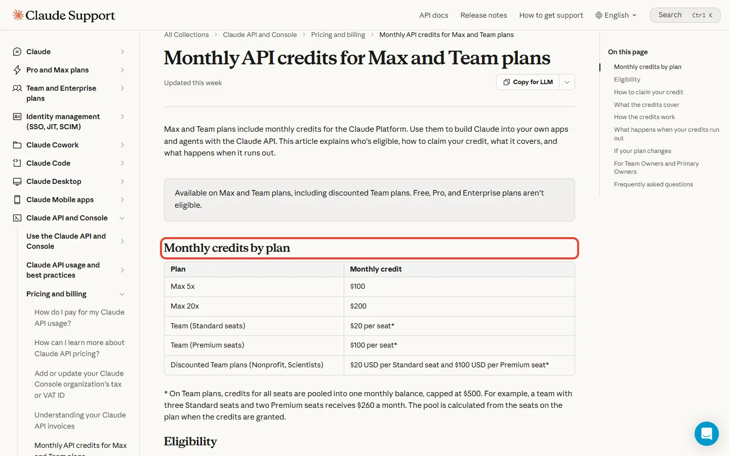 Anthropic's help article listing monthly API credits for Max and Team plans