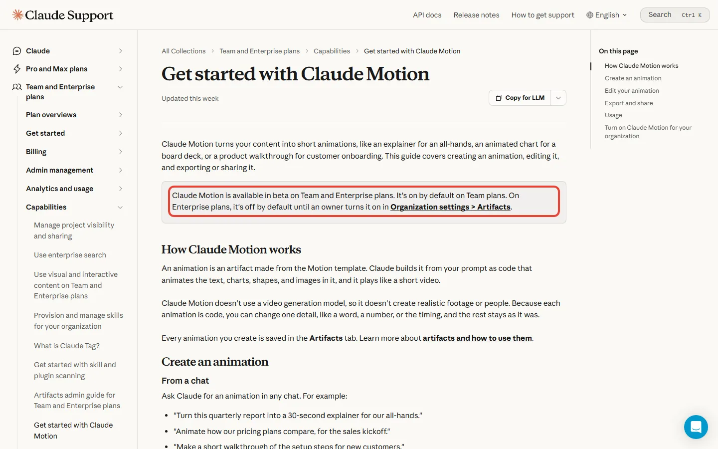 Anthropic's Claude Motion help page stating it is available in beta on Team and Enterprise plans