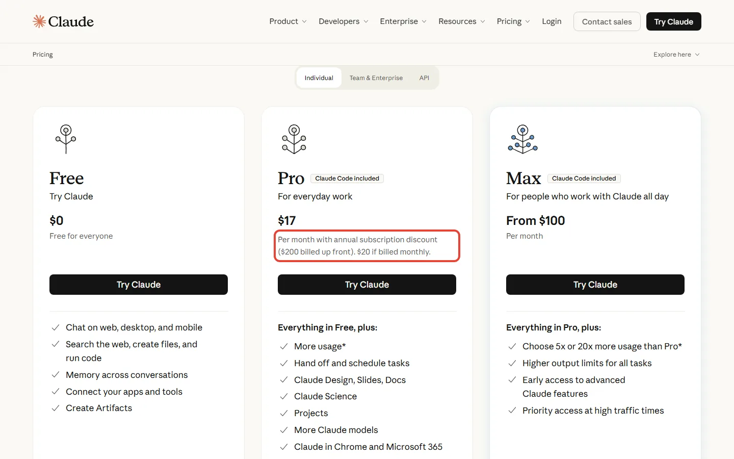 Claude pricing page showing Pro at $20 if billed monthly with Claude Code included