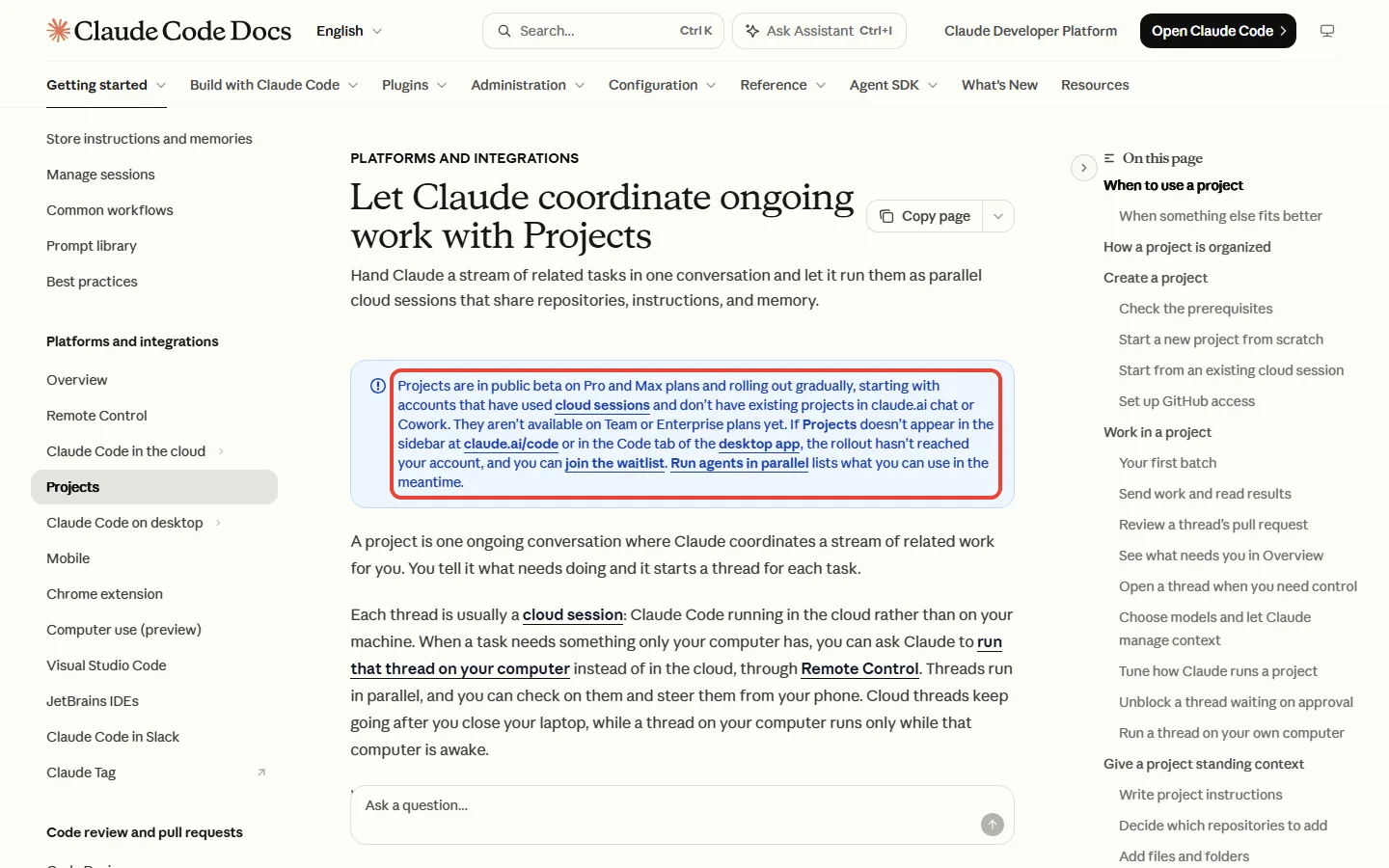 Claude Code docs page saying Claude Projects is in public beta on Pro and Max plans