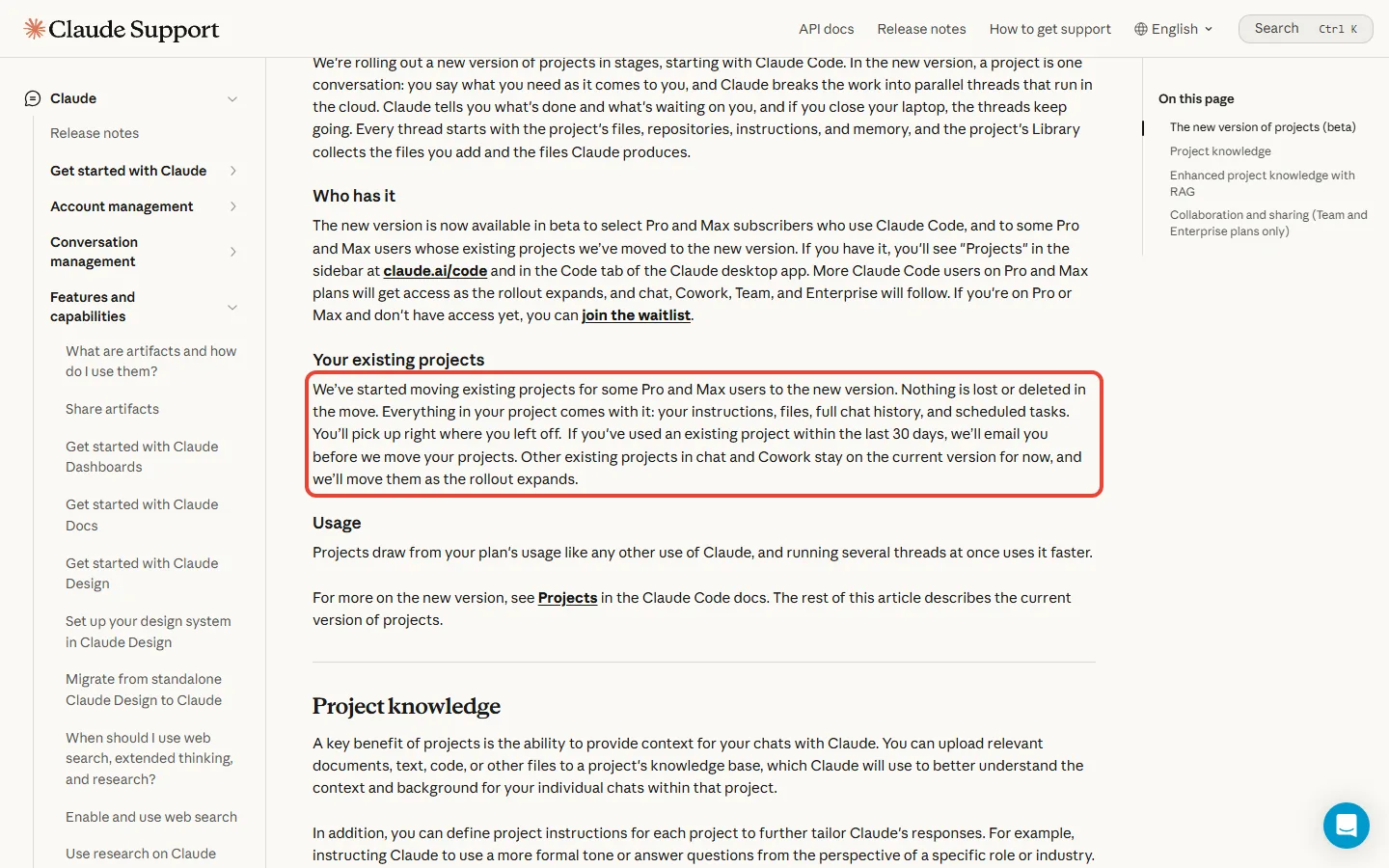 Claude help center article on moving existing Claude projects to the new version