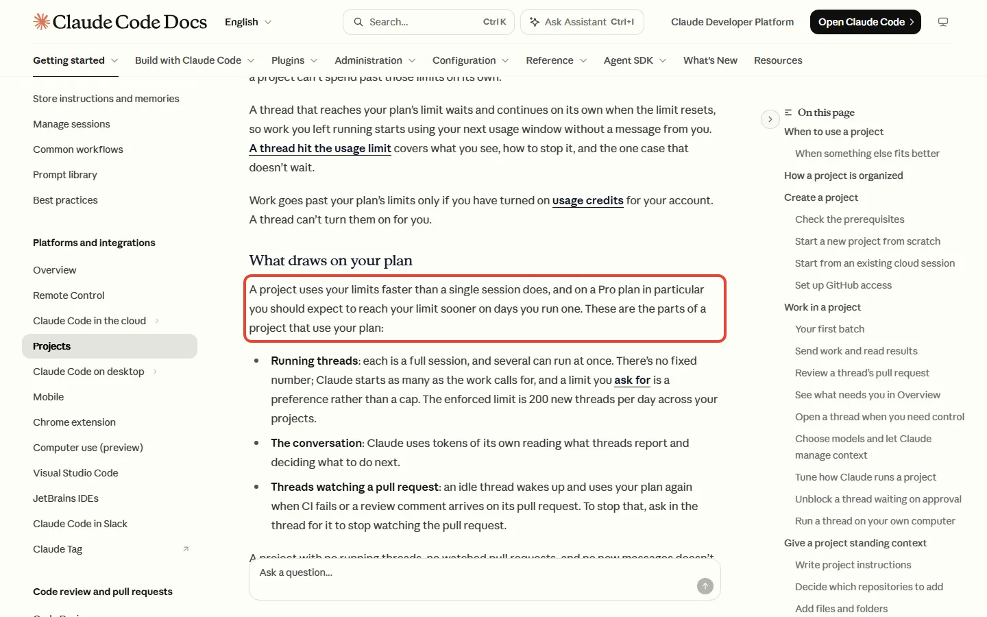 Claude Code docs warning that Claude Projects uses Pro plan limits faster