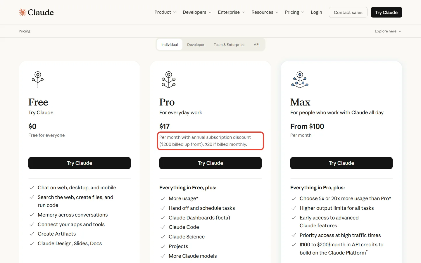 Anthropic's Claude pricing page showing the Free, Pro and Max plan cards with Pro at $20 if billed monthly