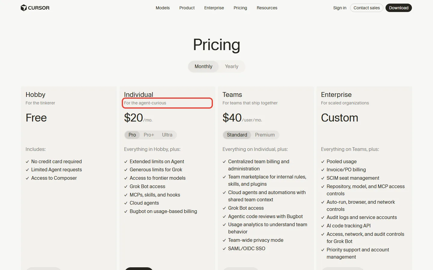 Cursor pricing page showing Hobby free, Individual at $20 a month, Teams at $40 per user and Enterprise custom