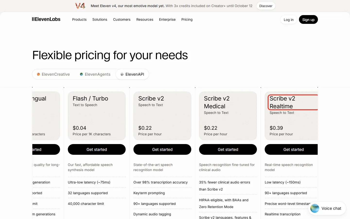 ElevenLabs API pricing page showing Scribe v2, Scribe v2 Medical and Scribe v2 Realtime prices per hour