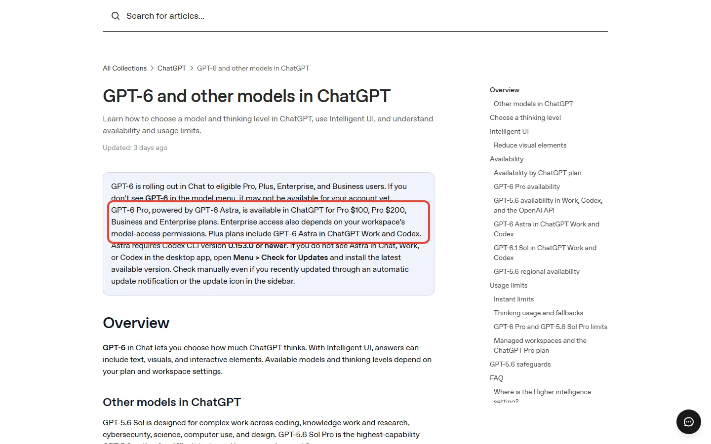 OpenAI help page saying GPT-6 Pro, powered by GPT-6 Astra, is available for Pro $100, Pro $200, Business and Enterprise, and Plus includes Astra in Work and Codex
