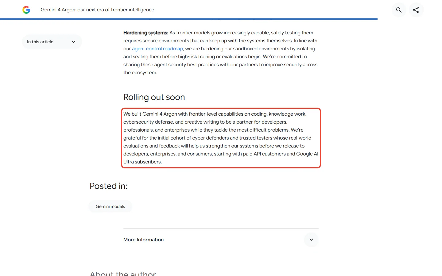 Google's Gemini 4 Argon announcement stating rollout starts with paid API customers and Google AI Ultra subscribers