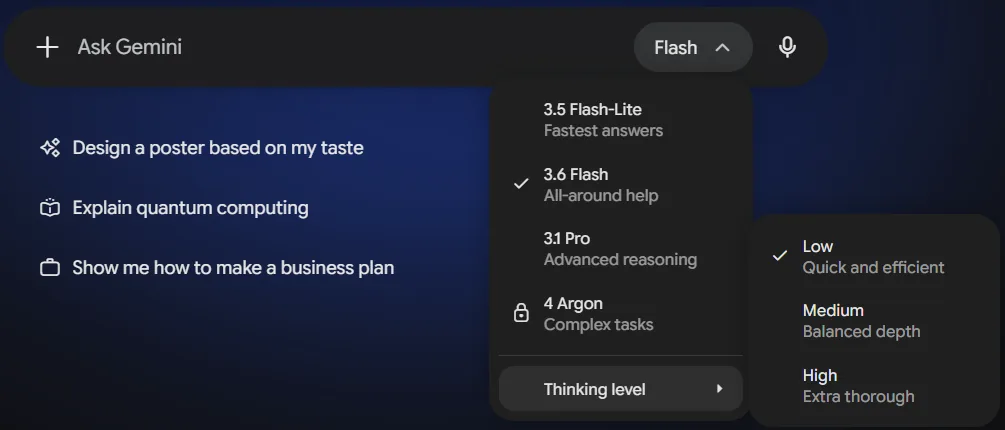 Gemini app model menu on a Google AI Plus account showing 4 Argon with a lock icon next to 3.6 Flash and 3.1 Pro