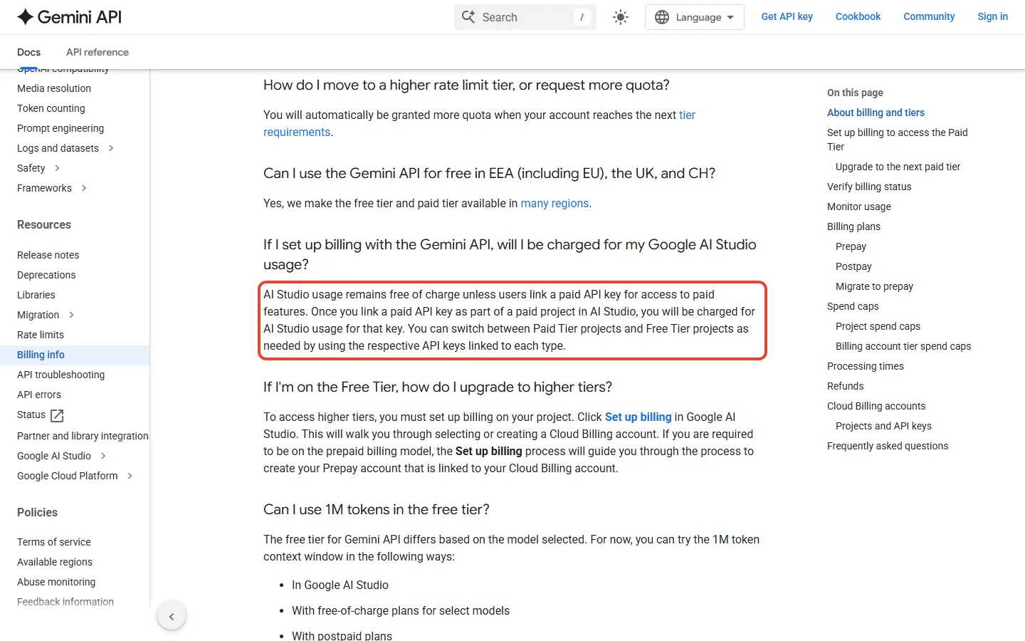 Google's Gemini API billing page stating AI Studio usage remains free of charge unless a paid API key is linked