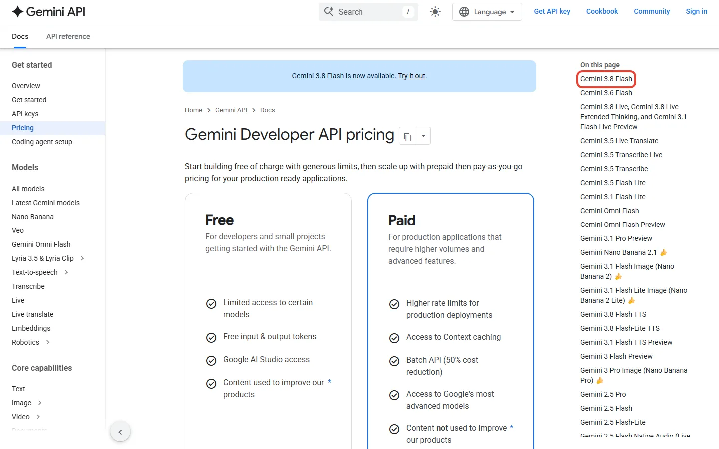 Google's Gemini API pricing page listing Gemini 3.8 Flash with a free tier and paid prices per million tokens