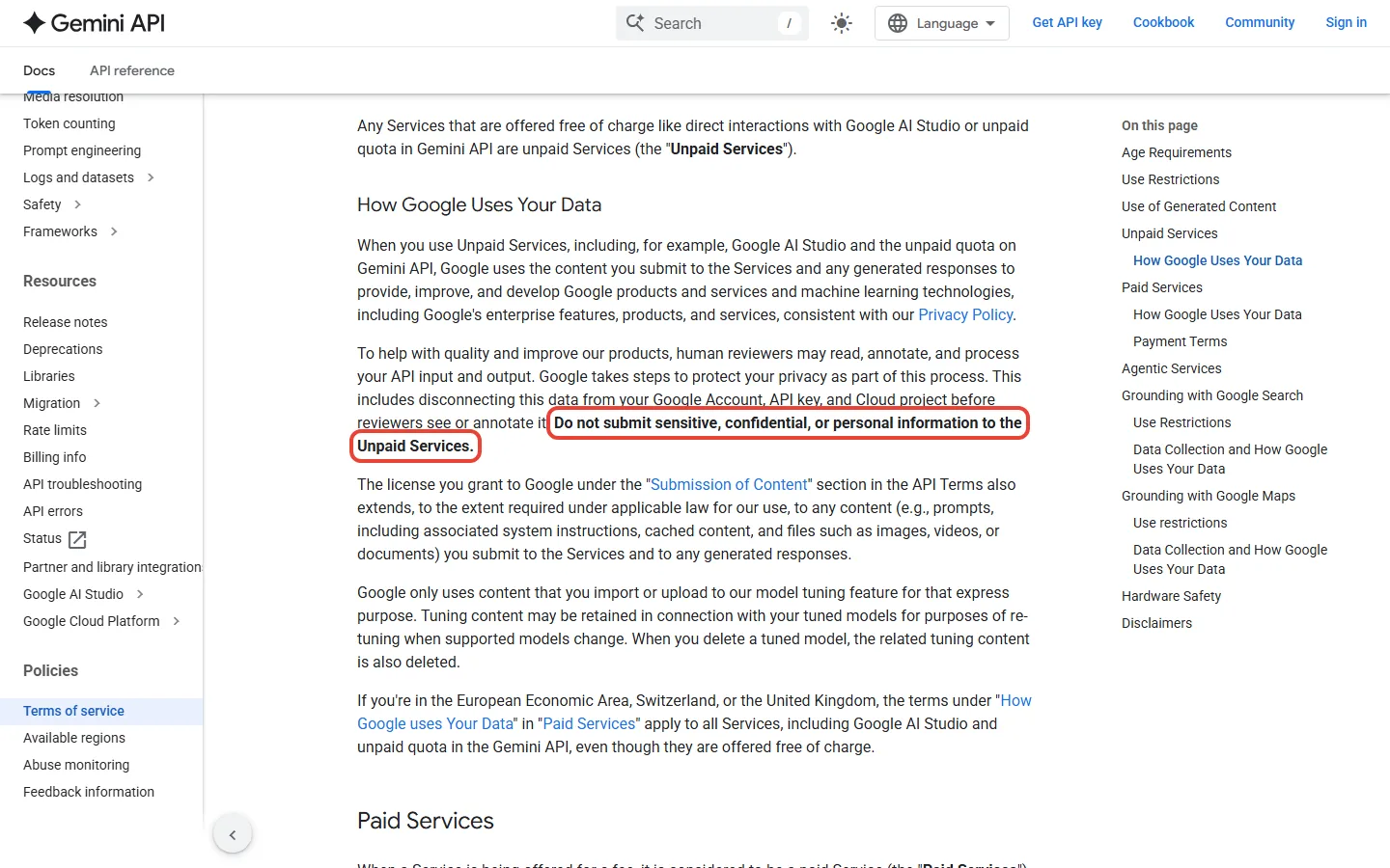 Google's Gemini API terms warning not to submit sensitive, confidential or personal information to the Unpaid Services