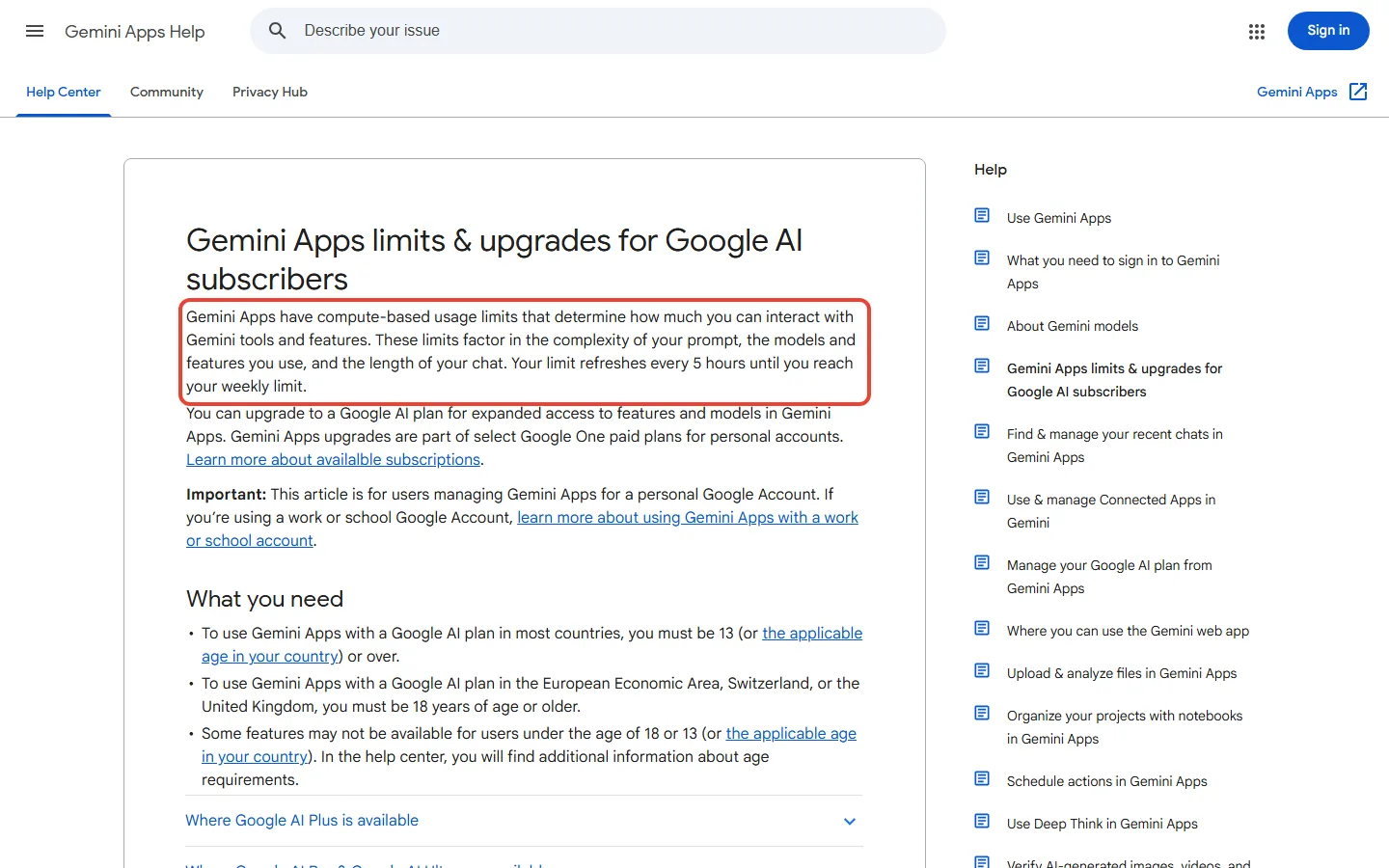 Gemini Apps help page explaining compute-based usage limits that refresh every 5 hours until a weekly limit