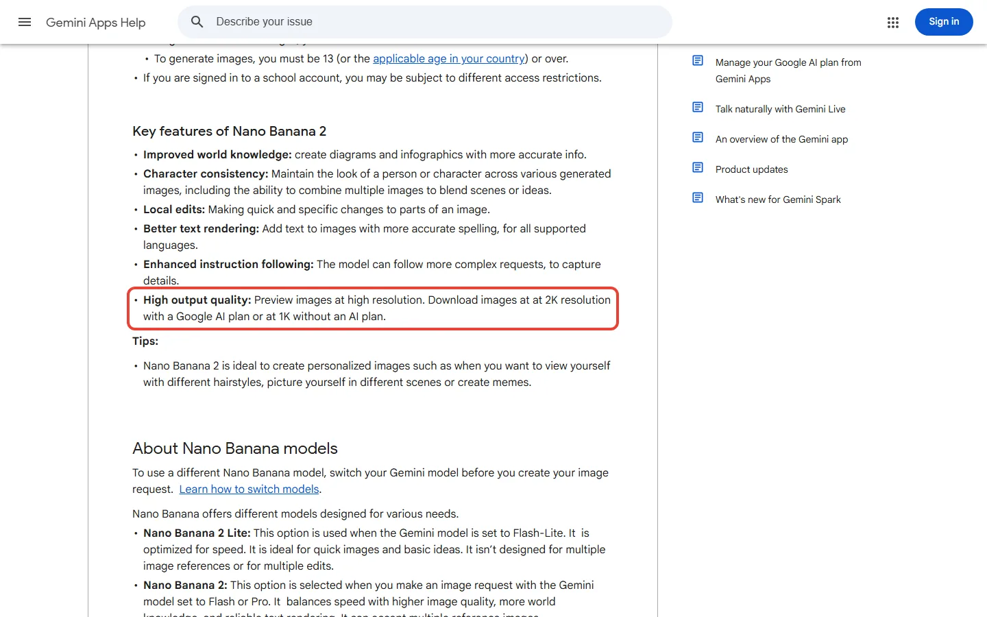 Gemini Apps help page stating images download at 2K resolution with a Google AI plan or at 1K without one