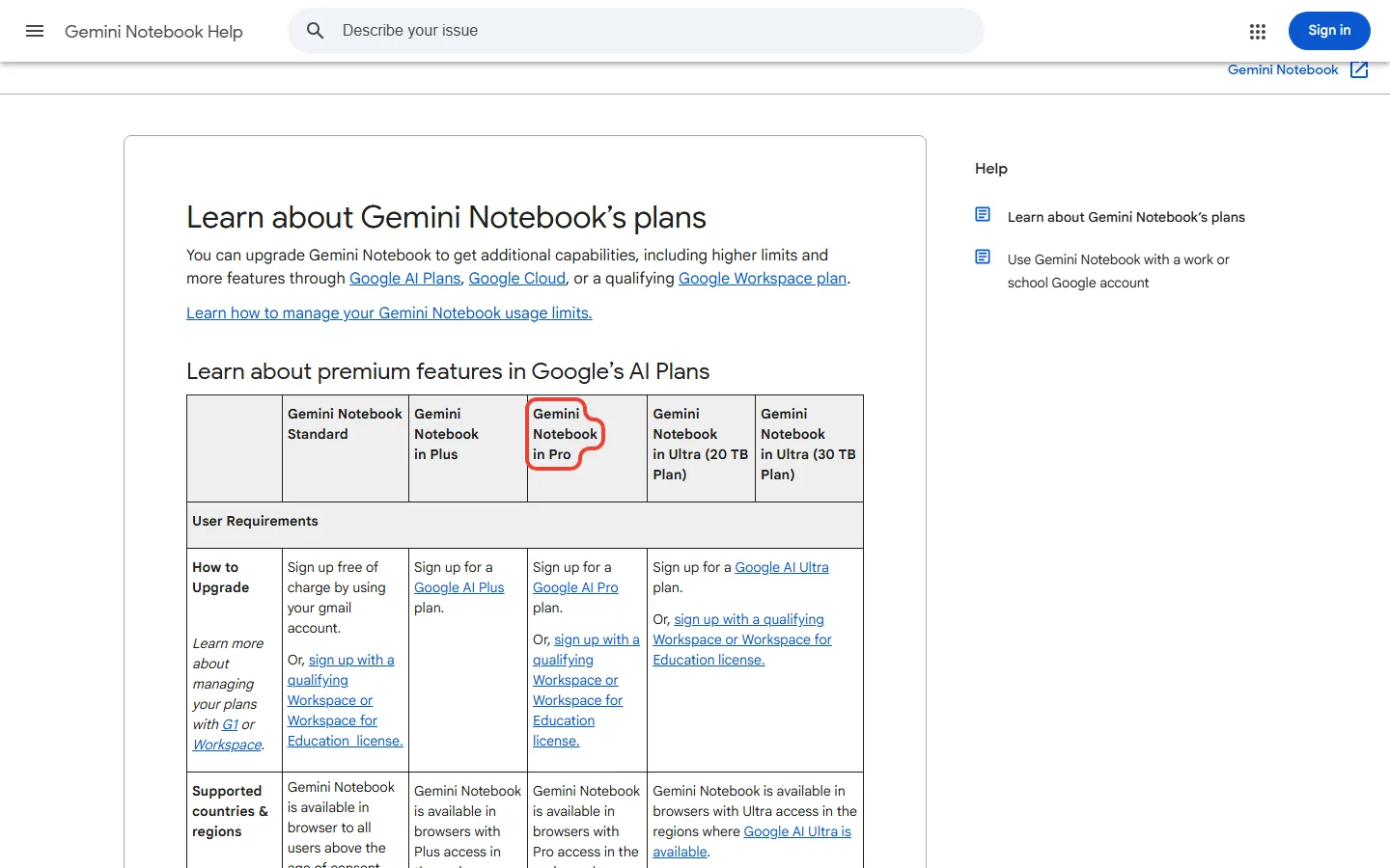Google's Gemini Notebook help page with the plan table of notebooks and sources per notebook for Standard, Plus, Pro and Ultra