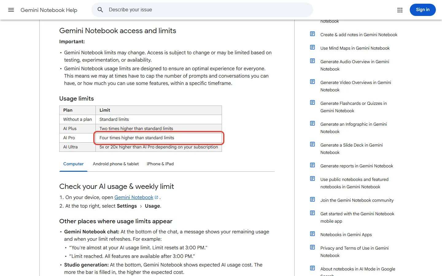 Google's Manage your Gemini Notebook usage limits help page listing 2x, 4x and 5x or 20x limits by plan