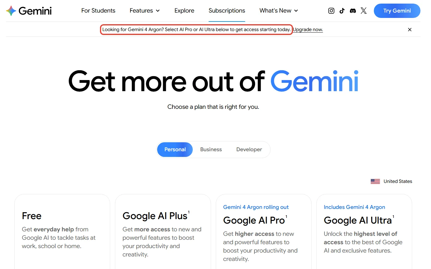 Google's Gemini subscriptions page with the banner telling people looking for Gemini 4 Argon to select AI Pro or AI Ultra