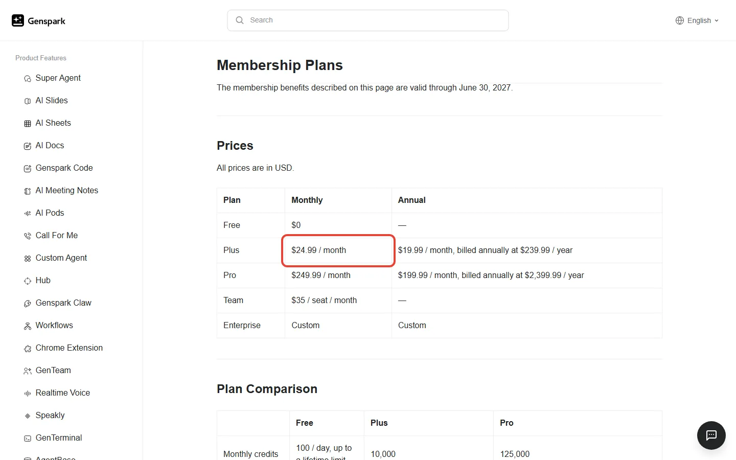 Genspark Membership Plans help page showing Plus at $24.99 a month and Pro at $249.99 a month