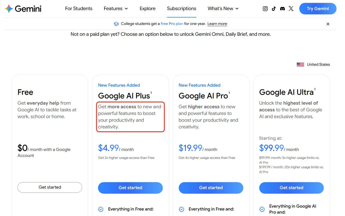 Google AI Plus review: Google's plans page showing AI Plus at $4.99 a month