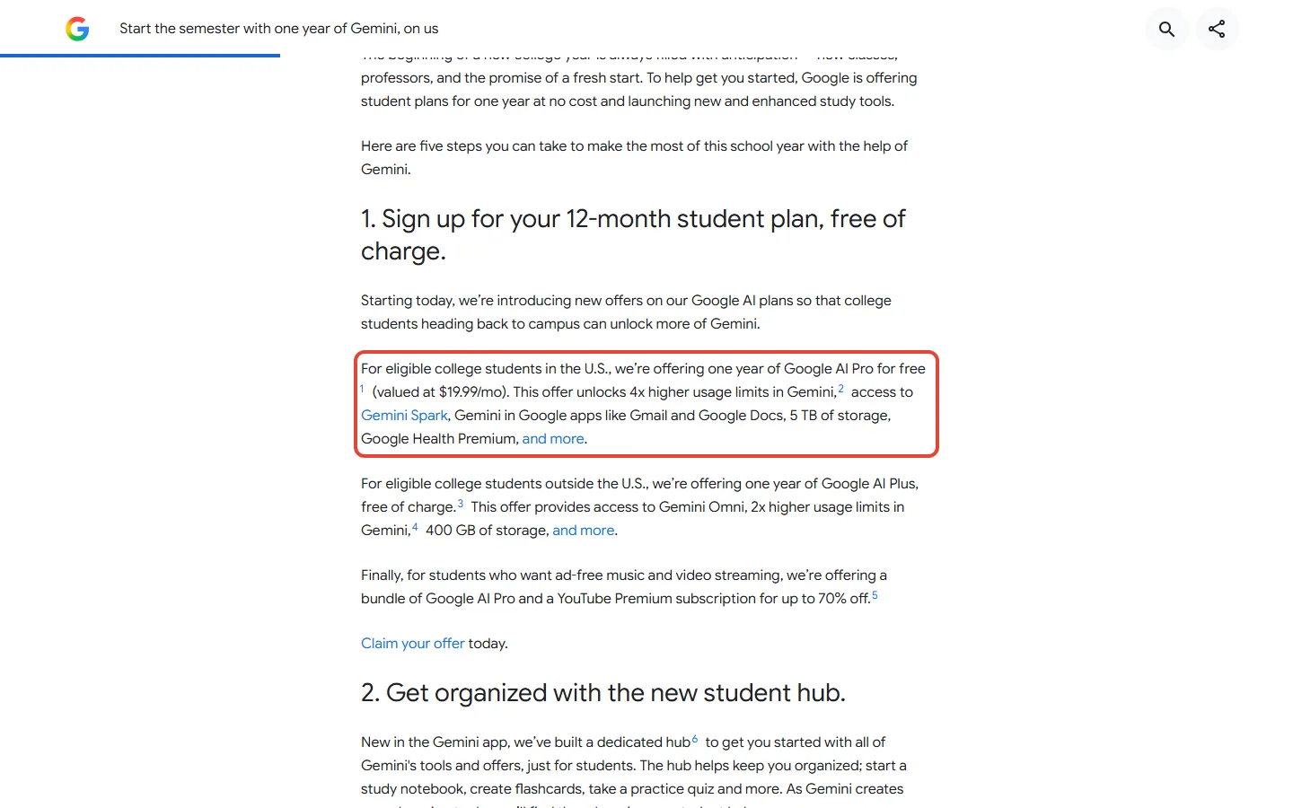 Google AI Pro free for students announcement on Google's blog