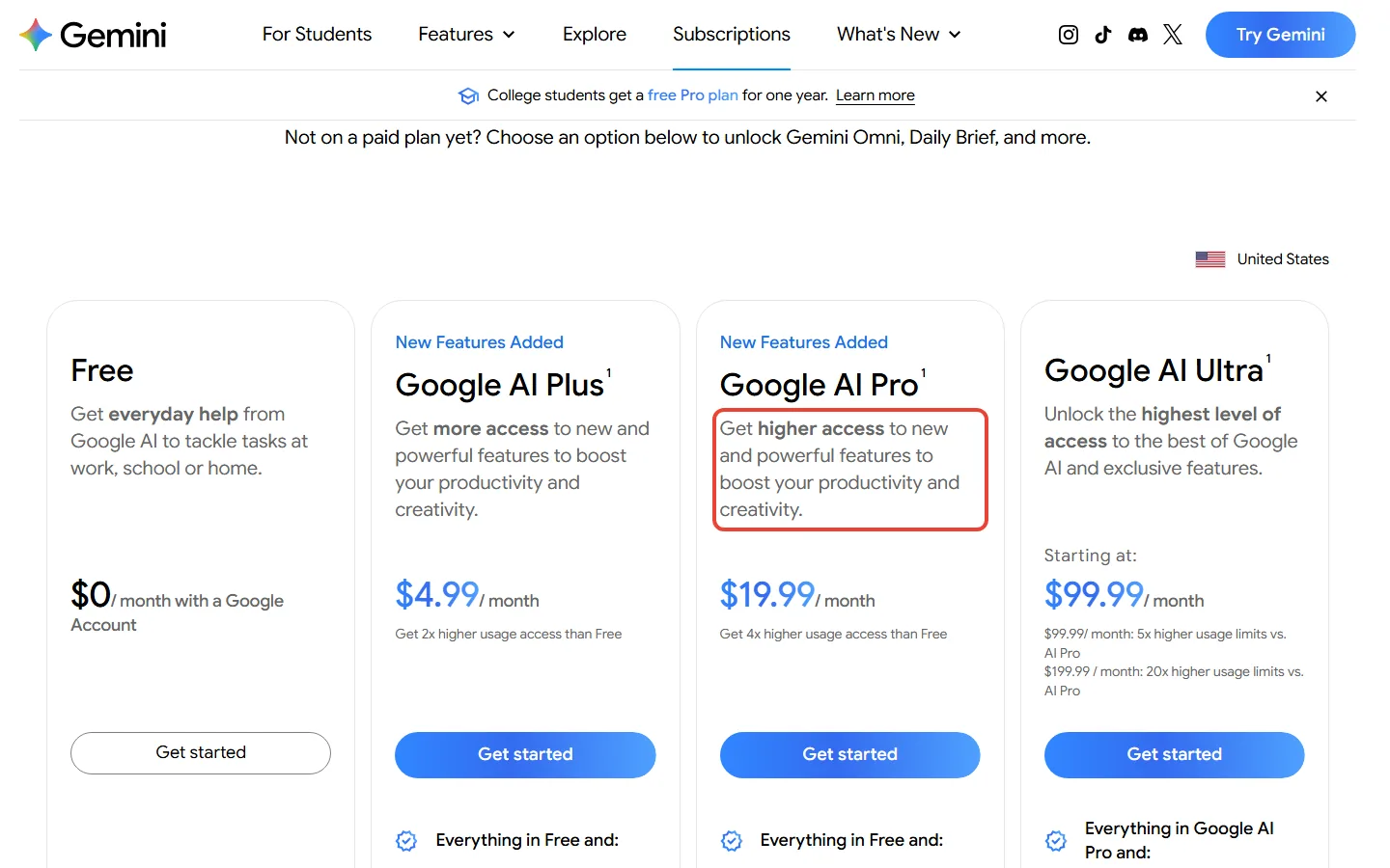 Google AI Pro free plans page showing Google AI Pro at $19.99 a month