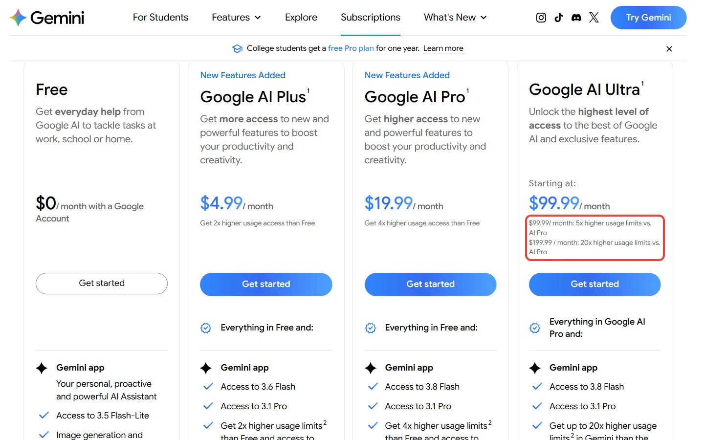 Google's Gemini subscriptions page showing Google AI Ultra starting at $99.99 a month with 5x higher usage limits than AI Pro