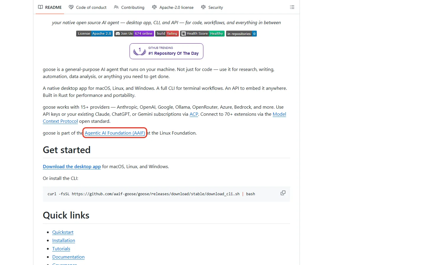 Goose GitHub repository page showing the Agentic AI Foundation notice and star count