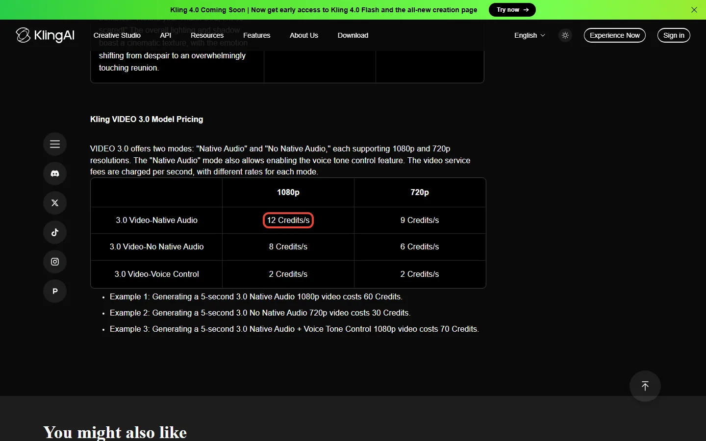 Kling VIDEO 3.0 user guide showing per-second credit rates for native audio and no native audio at 720p and 1080p