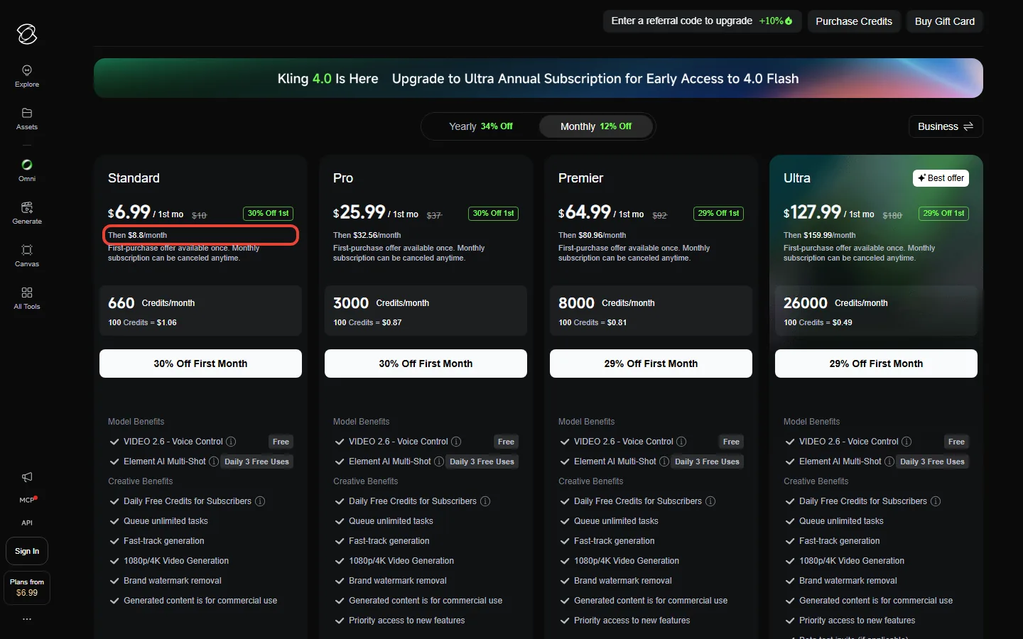 Kling AI membership page on monthly billing as it looked in early October 2026, with Standard, Pro, Premier and the old Ultra plan