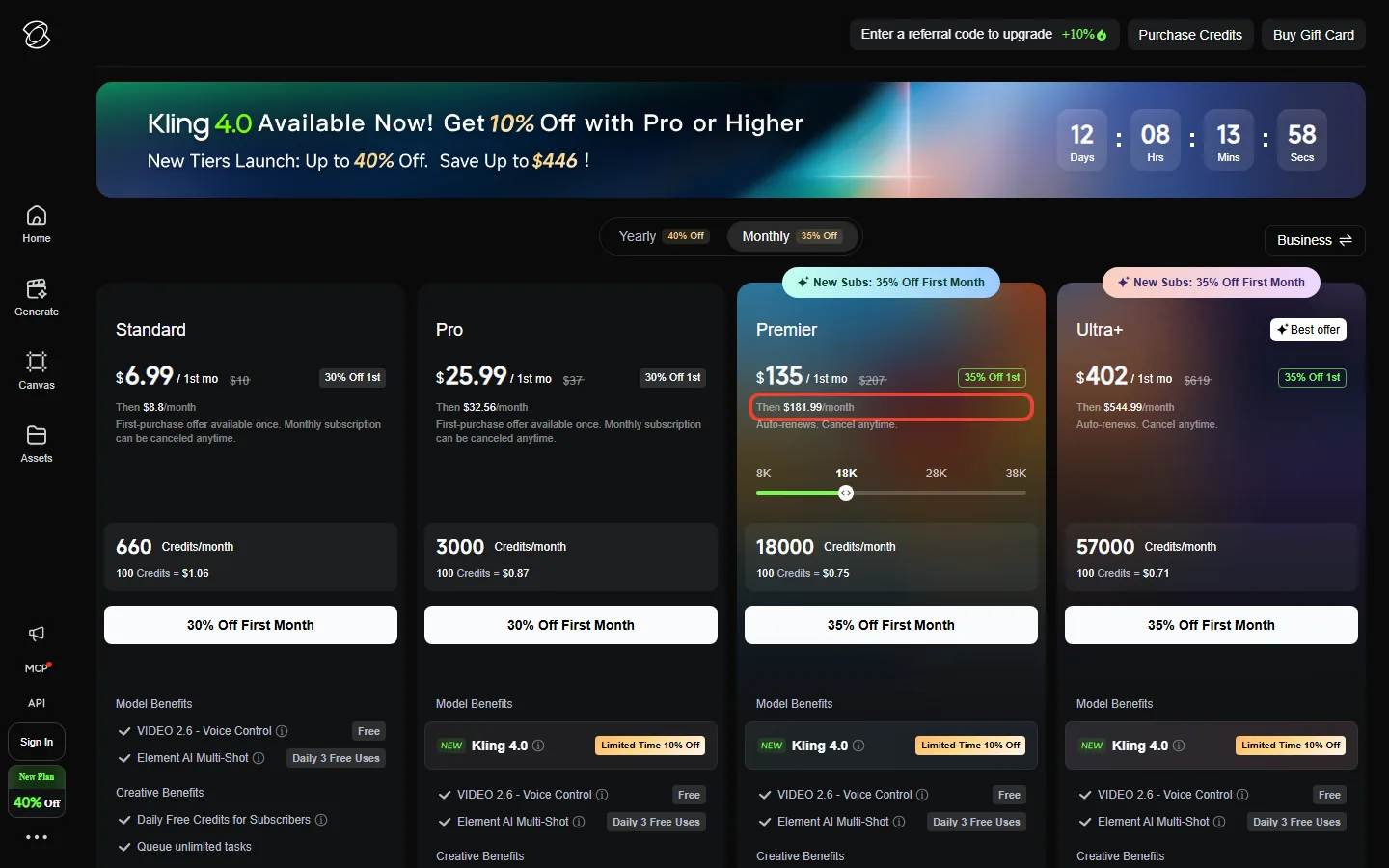 Kling AI membership page on monthly billing showing Standard, Pro, Premier at 18,000 credits and the new Ultra+ plan
